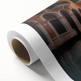 Art deco style gondola on calm waters, muted blue and gray tones, rolled canvas, ideal for nursery wall art.