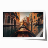 Venetian gondola on a calm canal, rendered in soft sepia tones on a large rolled canvas, suitable for dining room decor.