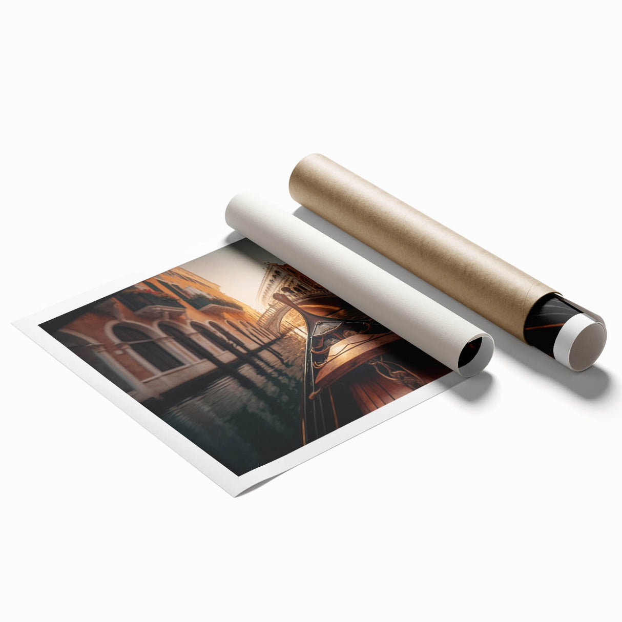Extra large wall art depicting a gondola on a calm river, in muted earth tones, printed on rolled canvas.