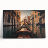 Black and white photo of a gondola on calm water, printed on large stretched canvas.