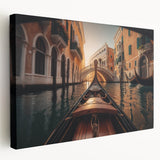 A gondola on calm waters in muted earth tones on a stretched canvas, suitable for kitchen wall art.