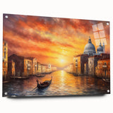 Acrylic print of a gondola on a canal, rendered in muted earth tones, ideal for dining room decor.