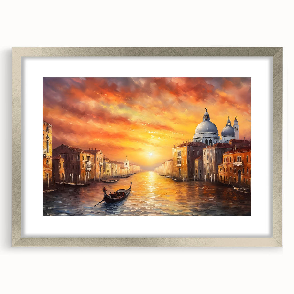 Abstract art print of a gondola in muted gray and blue tones on a silver-framed mat, suitable for dining room decor.