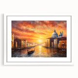 Extra large wall art print of an abstract gondola in blue and gray tones on a white framed canvas.