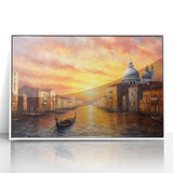 Mid-century modernist style acrylic print of a gondola on water, using muted blue and gray tones, ideal for nursery wall art.