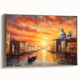Framed canvas depicting a vintage gondola on a colorful, abstract river, ideal for enhancing living room decor.