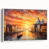 Framed canvas featuring a vintage-style gondola on a tranquil river, rendered in black and white, ideal for bedroom wall art.