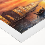 Art deco poster of a gondola on calm waters, in muted blue and gray tones, on rolled canvas, suitable for dining room decor.