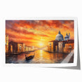 Venetian gondola on calm water, in muted blues and grays, on rolled canvas, suitable for dining room wall art.