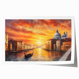 Venetian gondola on calm water, in muted blues and grays, on rolled canvas, suitable for dining room wall art.