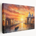 Venetian gondola on calm water, rendered in muted earth tones on a large stretched canvas, suitable for kitchen wall art.