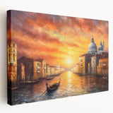 Venetian gondola on calm water, rendered in muted earth tones on a large stretched canvas, suitable for kitchen wall art.