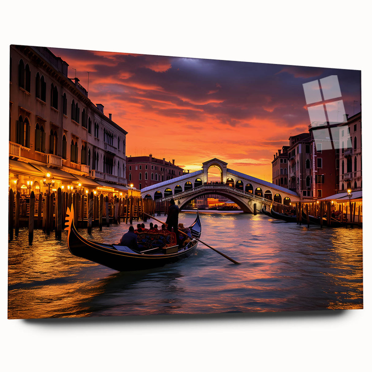 Acrylic print of a gondola on a serene waterway, in muted blues and grays, ideal for bedroom or dining room art.