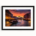 Abstract art print of a colorful gondola on textured canvas, framed in black, suitable for large living room walls.