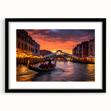 Abstract art print of a colorful gondola on textured canvas, framed in black, suitable for large living room walls.