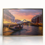 Mid-century modernist art deco style gondola on calm waters, framed acrylic in gold, muted blue and gray tones.