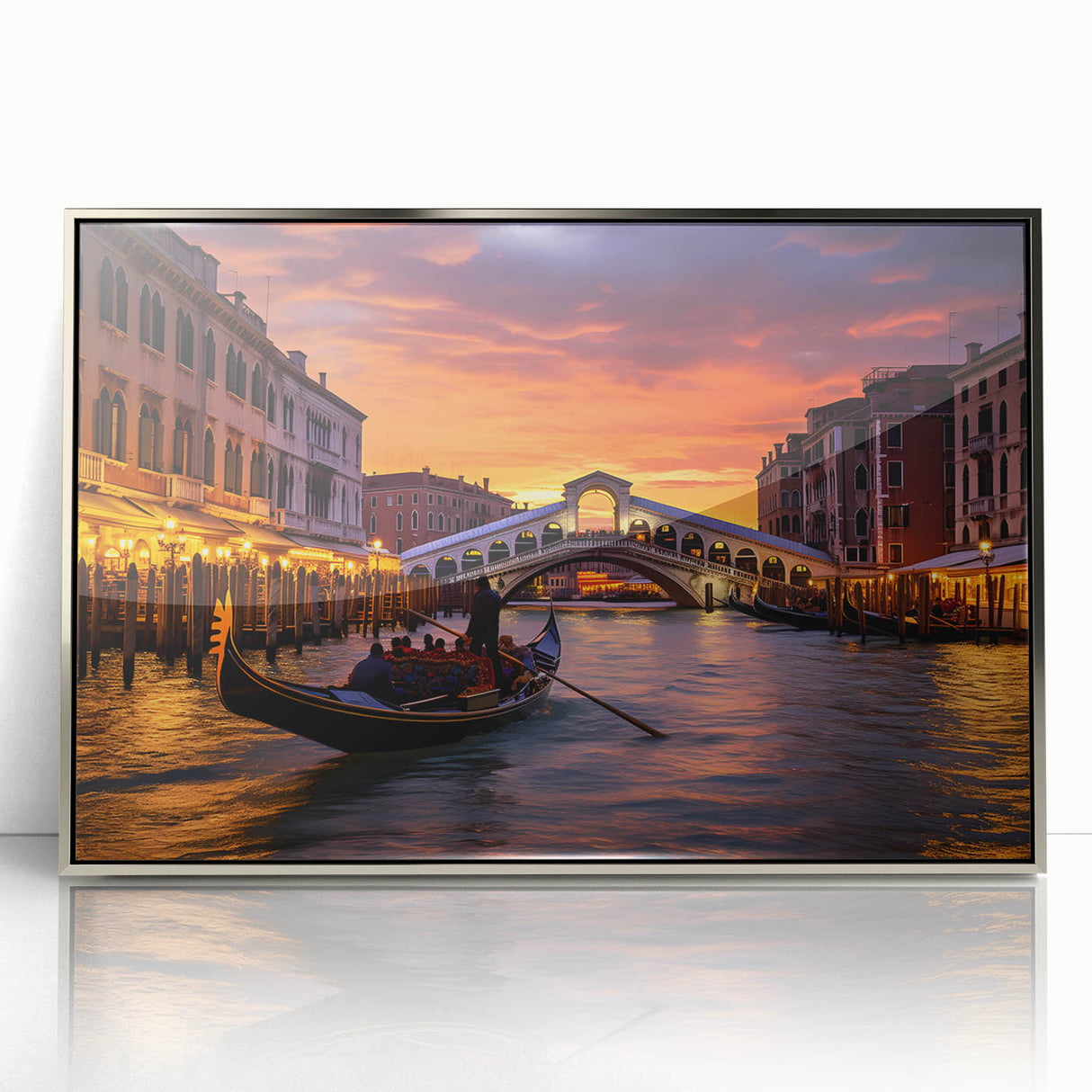 Art deco poster of a silver-framed acrylic print featuring a gondola on water, in muted blue and gray tones.