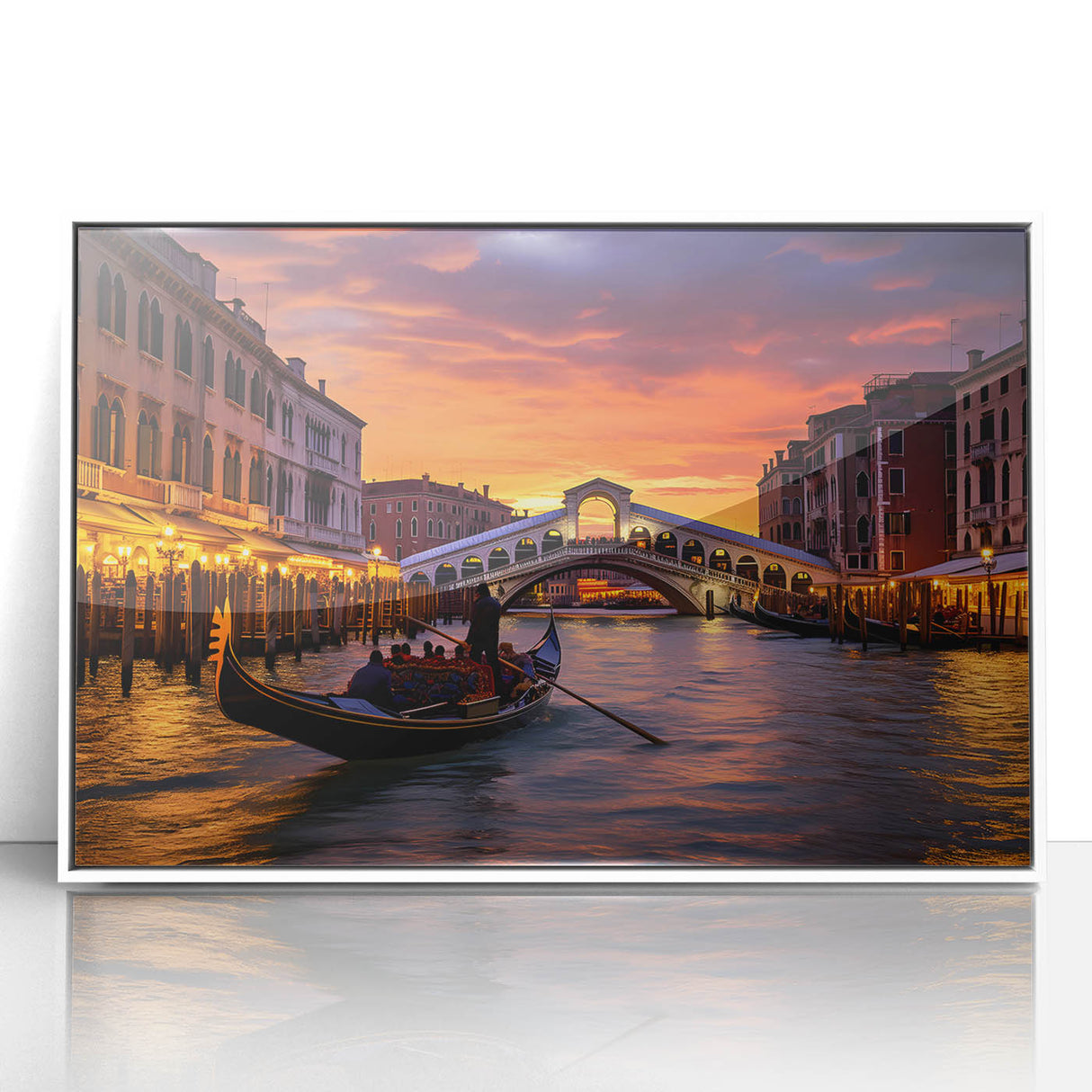 Acrylic print of a gondola on a canal in muted blue and gray tones, framed in white, suitable for modern art wall decor.