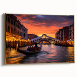 Framed canvas depicting a vintage gondola on a canal, rendered in black with colorful accents, ideal for living room decor.