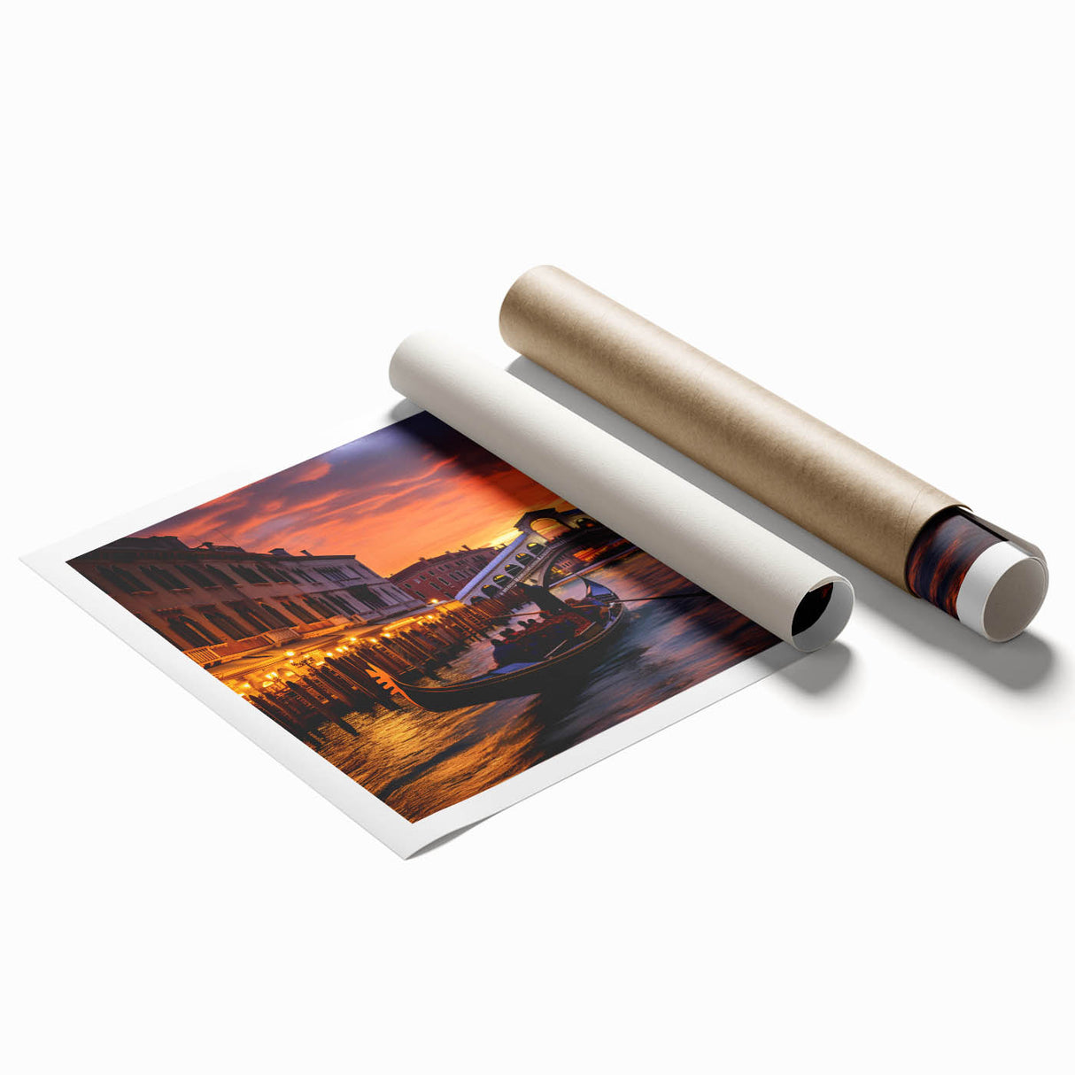 Venetian gondola on a quiet canal, pastel shades, large rolled canvas print, suitable for classy bathroom wall art.