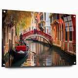Acrylic print of a side-view gondola on a canal, using muted blue and gray tones, suitable for dining room decor.