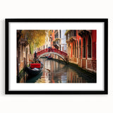 Abstract art print of a gondola in vibrant, colorful hues on a textured, extra-large canvas, framed in black.