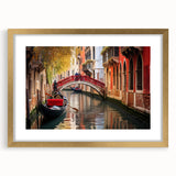 Textured art print depicting an abstract gondola in muted gold and black, framed in gold, suitable for bedroom decor.