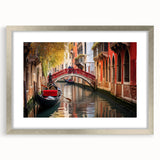 Abstract art print of a stylized gondola in muted blue and gray tones, framed with a silver mat, ideal for dining room decor.