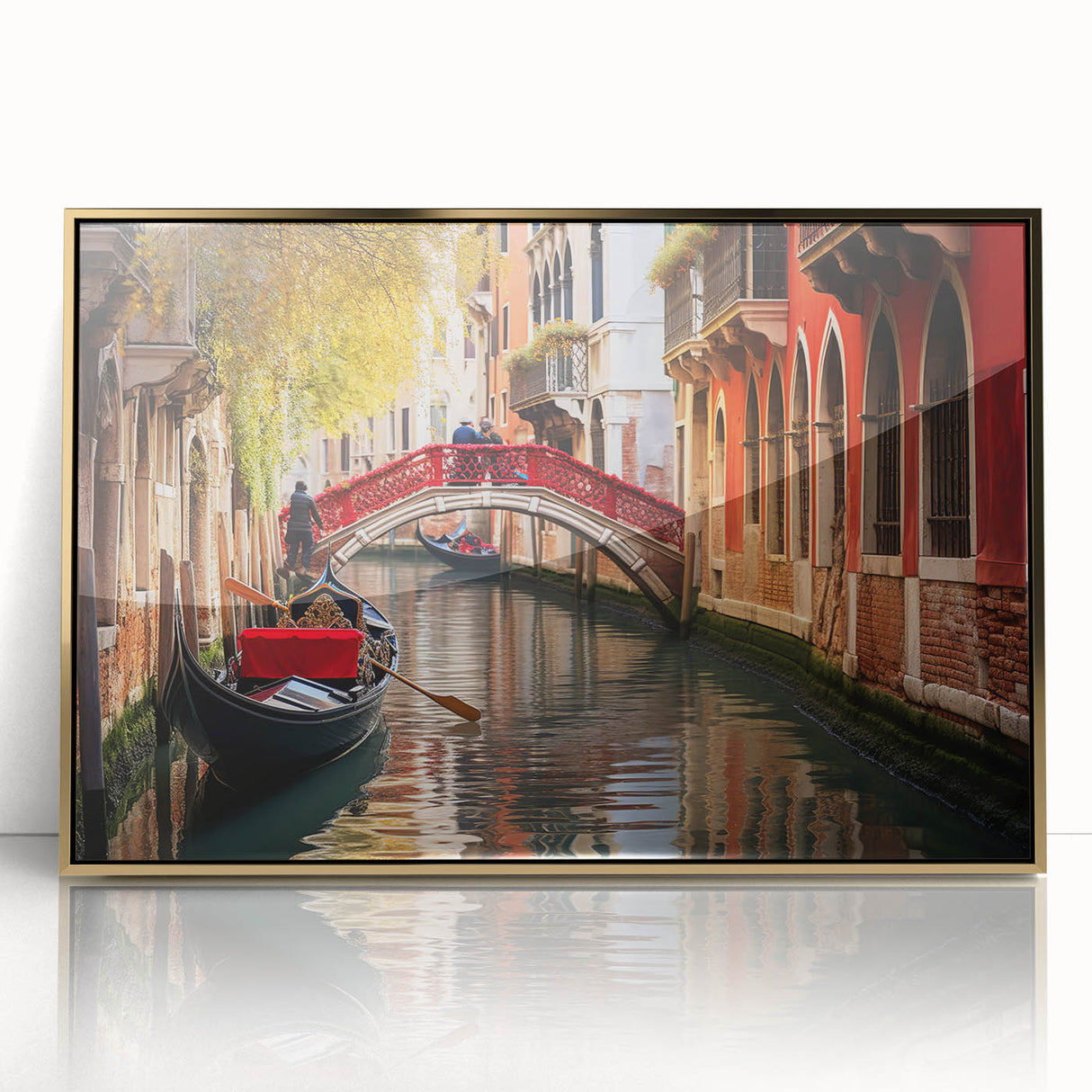 Mid-century modernist art depicting a gondola on water, in muted earth tones, framed acrylic, ideal for nursery wall art.