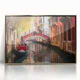 Mid-century modernist art depicting a gondola on water, in muted earth tones, framed acrylic, ideal for nursery wall art.