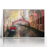 Acrylic print of a mid-century modernist gondola on water, in muted blues and grays, framed in white.