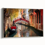 Vintage poster art of a gondola on water, featuring a colorful palette on black background, framed in silver.