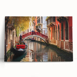 Black and white photo of a gondola on calm waters, printed on a large stretched canvas.