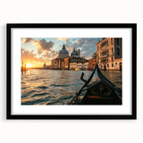 Abstract art print of a colorful gondola on textured canvas, in a black frame with mat, suited for large living room walls.