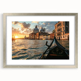 Abstract art print of a gondola on water in muted blue and gray, silver-framed with mat, ideal for dining room decor.