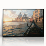 Large abstract wall art featuring a stylized gondola in black and white tones, acrylic print in a black frame.