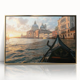 Mid-century modernist art of a gondola on water, in muted blue and gold tones, acrylic print framed in gold.