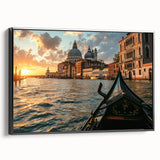 Black and white framed canvas of a gondola on water, in a vintage poster style, ideal for bedroom wall art.