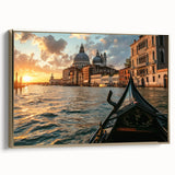 Framed canvas of a vintage-style gondola on a serene waterway, with a palette of black and muted colors.