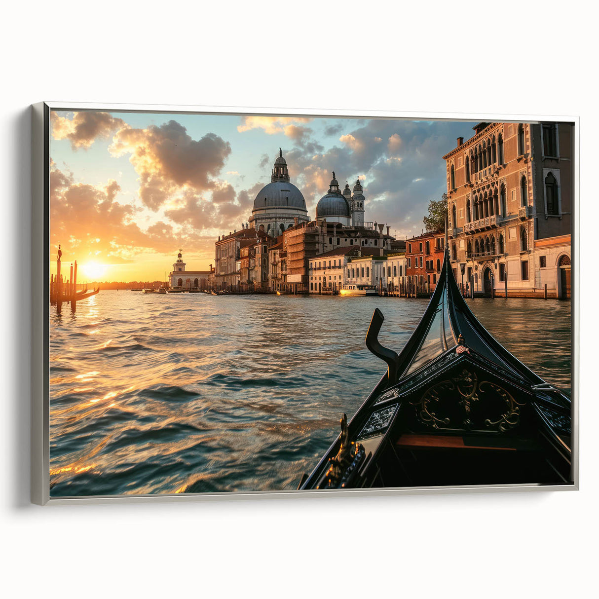 Vintage poster art of a colorful gondola on black background, framed canvas, ideal for living room decor.