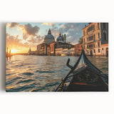 Black and white image of a gondola on calm water on a stretched canvas, ideal for kitchen wall art.