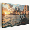 Venetian gondola on calm water, in muted earth tones on stretched canvas, suitable for kitchen wall art.