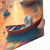 Acrylic print of a mid-century modernist gondola on a canal in muted blue and gray tones, ideal for dining room art.