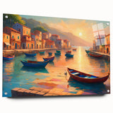 Acrylic print of a gondola on a calm waterway, using soft blue and gray tones, ideal for dining room decor.