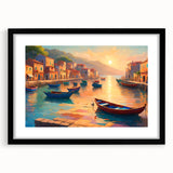 Extra large abstract art print of a colorful, textured gondola in water on framed black mat, ideal for living room decor.