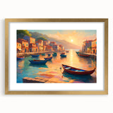 Textured abstract art print of a gondola on water, in muted gold and blue tones, framed in gold, ideal for bedroom art.