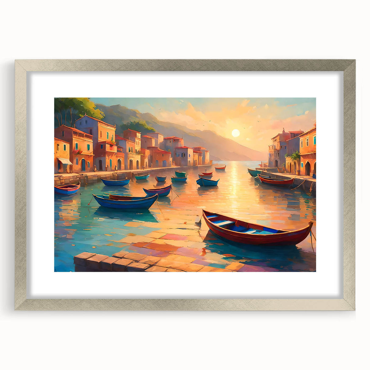 Abstract art print of a stylized gondola in muted blue and gray tones on a silver-framed canvas.