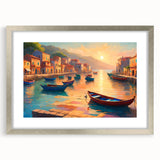 Abstract art print of a stylized gondola in muted blue and gray tones on a silver-framed canvas.