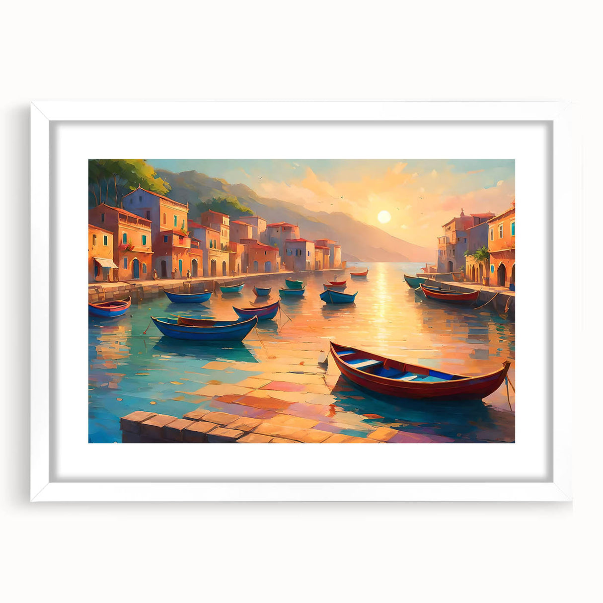 Extra large wall art featuring an abstract gondola, with textured blue and white hues, framed with a white mat.