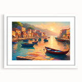 Extra large wall art featuring an abstract gondola, with textured blue and white hues, framed with a white mat.